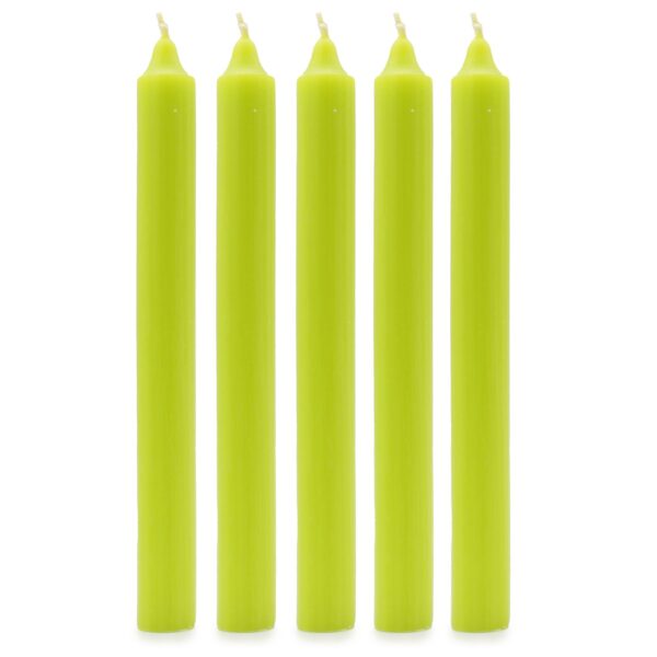 Cinco velas de candelabro largas de color verde lima, de pie sobre fondo blanco