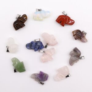 Doce colgantes de elefante tallados en piedra con asa plateada: amatista, cuarzo rosa, aventurina, sodalita, ojo de tigre, jaspe rojo, cristal de roca y opalita
