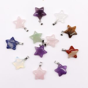 Doce colgantes de estrella de piedra con asa plateada: amatista, cuarzo rosa, aventurina, sodalita, ojo de tigre, cristal de roca y opalita