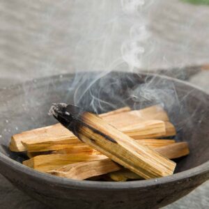 Palitos de palo santo en un cuenco de cerámica sobre mármol blanco