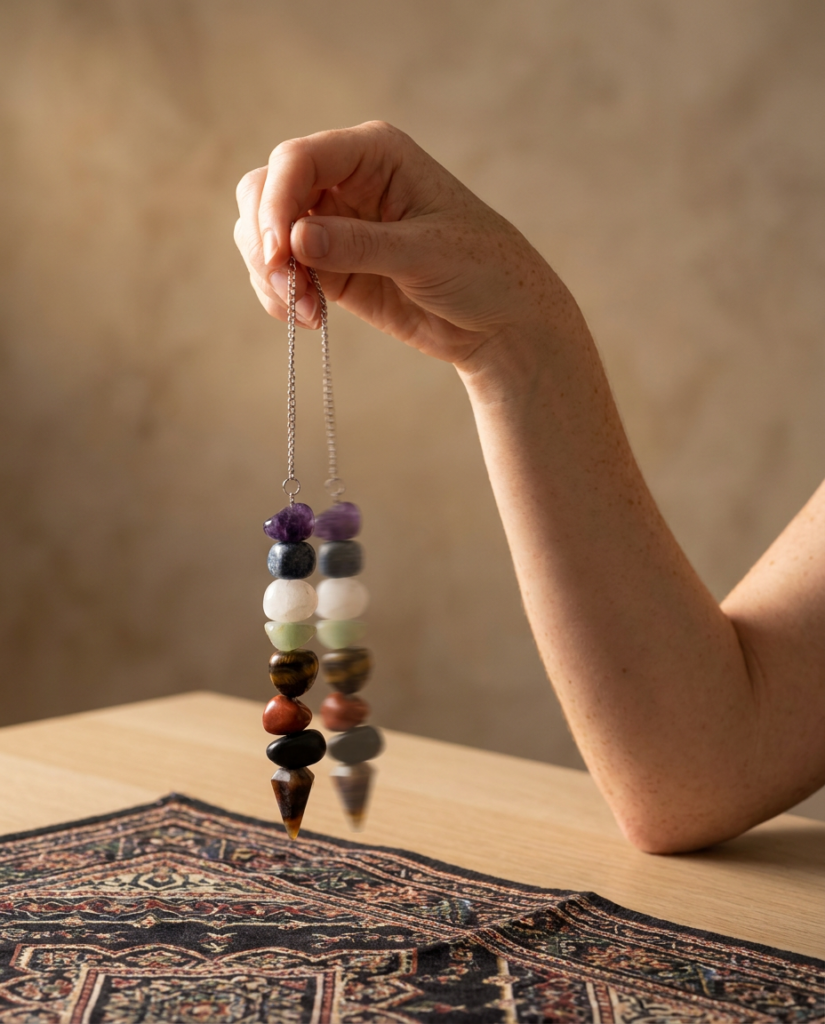 Para qué sirve un péndulo, cómo se usa y por qué se mueve 3 Mano sosteniendo un péndulo de siete piedras de colores sobre un tapete de algodón con símbolos