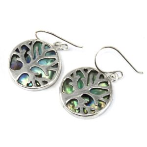 Pendientes redondos de plata con árbol de la vida calado sobre abalón azul y verde