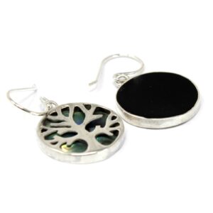 Pendientes redondos de plata con árbol de la vida calado sobre abalón azul y verde