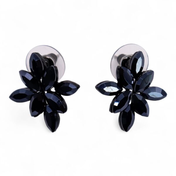 Pendientes flor de vidrio negro facetado con pétalos en punta y tope transparente