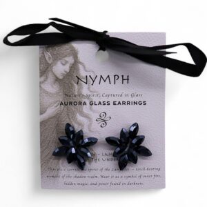 Pendientes flor de vidrio negro facetado con pétalos en punta y tope transparente