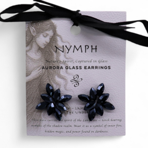 Pendientes flor de vidrio negro facetado con pétalos en punta y tope transparente