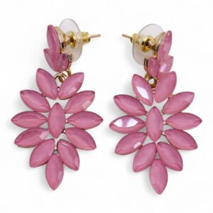 Pendientes largos con brote de tres pétalos y roseta colgante de vidrio rosa malva