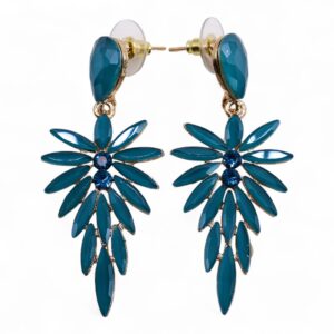 Pendientes largos con gota verde azulada y caída de hojas de vidrio en abanico con dos brillos azules