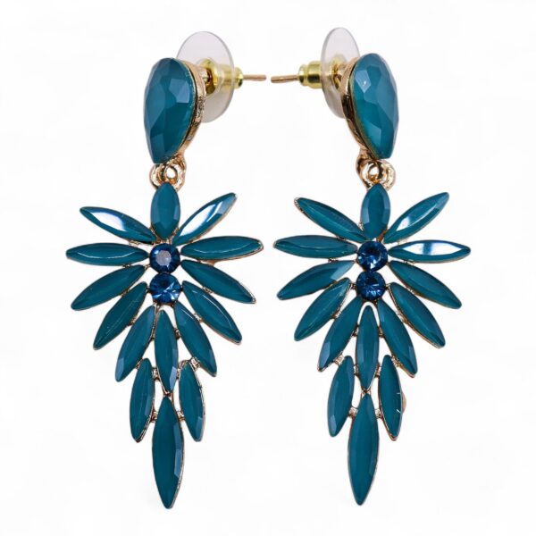 Pendientes largos con gota verde azulada y caída de hojas de vidrio en abanico con dos brillos azules