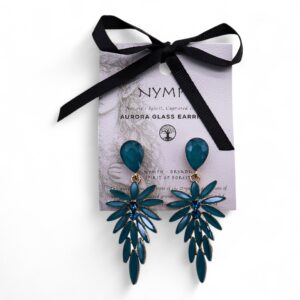 Pendientes largos con gota verde azulada y caída de hojas de vidrio en abanico con dos brillos azules