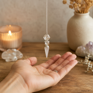 Péndulo de cristal de cuarzo de tres piezas, cubo, pieza facetada y punta, colgado de una cadena plateada