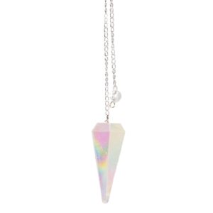Péndulo de cuarzo aurora blanco con reflejos de arcoíris, de seis caras, colgado de una cadena plateada con una cuenta transparente