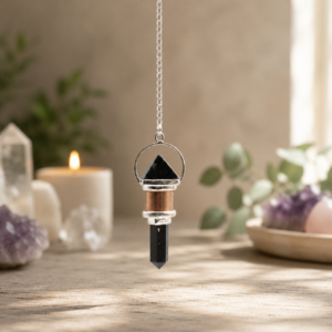 Péndulo de obsidiana negra con pirámide dentro de un aro plateado, banda de tono cobre y punta facetada, colgado de una cadena