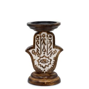 Inicio 13 Portavelas pequeño de madera de mango con mano de Fátima tallada y ojo en la palma, relieve en blanco