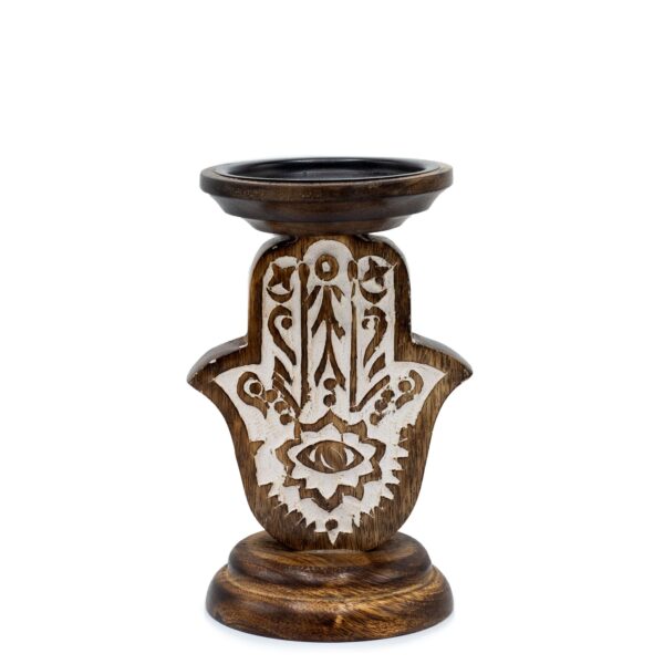 Portavelas pequeño de madera de mango con mano de Fátima tallada y ojo en la palma, relieve en blanco