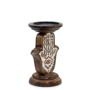 Portavelas pequeño de madera de mango con mano de Fátima tallada y ojo en la palma, relieve en blanco