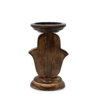Portavelas pequeño de madera de mango con mano de Fátima tallada y ojo en la palma, relieve en blanco