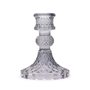 Portavelas vintage de vidrio prensado gris translúcido con relieve de rombos; el pack incluye dos iguales