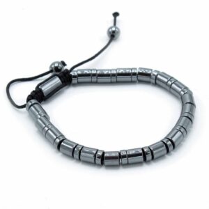 Pulsera minimalista de cilindros y aros de hematita magnética gris con nudo corredizo negro