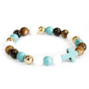 Pulsera elástica con cruz de howlita teñida en turquesa y cuentas marrones, blancas, turquesas y doradas