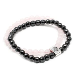 Pulsera doble de cuentas de cuarzo rosa y de hematita magnética con un tubo grabado con un árbol de la vida