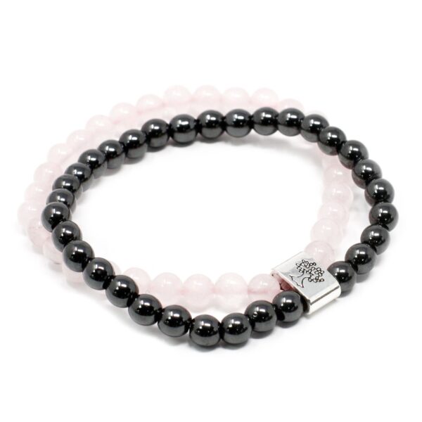 Pulsera doble de cuentas de cuarzo rosa y de hematita magnética con un tubo grabado con un árbol de la vida