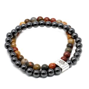 Pulsera doble de cuentas de jaspe Picasso multicolor y de hematita magnética con un tubo grabado con un árbol de la vida