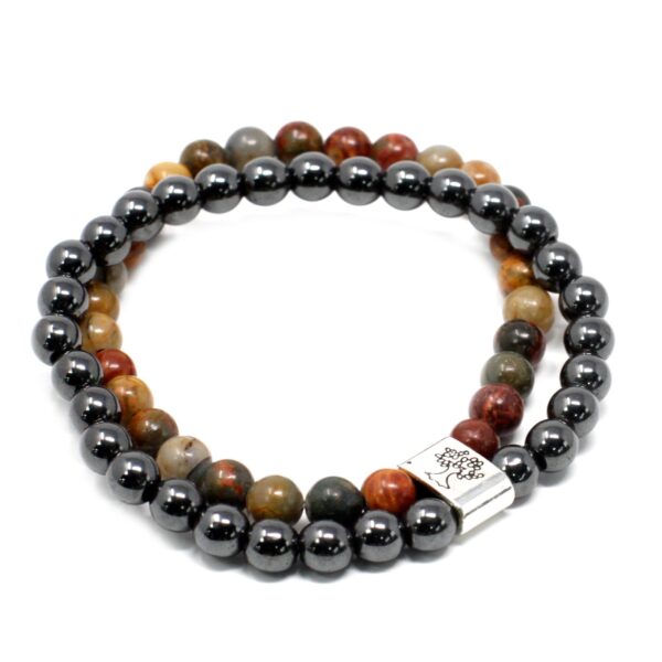 Pulsera doble de cuentas de jaspe Picasso multicolor y de hematita magnética con un tubo grabado con un árbol de la vida