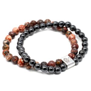 Pulsera doble de cuentas de jaspe piel de leopardo y de hematita magnética con un tubo grabado con un árbol de la vida