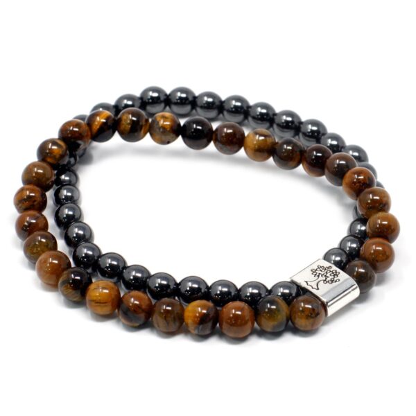 Pulsera doble de cuentas de ojo de tigre y de hematita magnética unidas por un tubo con un árbol de la vida