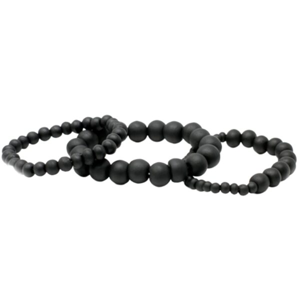 Tres pulseras elásticas de bolas de madera negra mate en grosor fino, medio y grueso