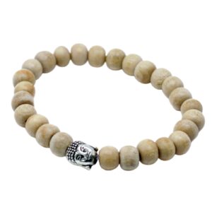 Pulsera elástica de cuentas de sándalo claras con una cabeza de Buda de tono plateado