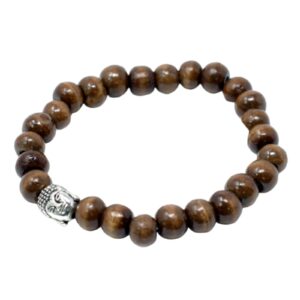 Pulsera elástica de cuentas de madera marrón con una cabeza de Buda de tono plateado