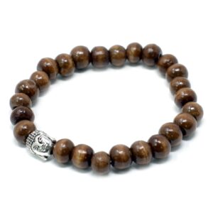 Pulsera elástica de cuentas de madera marrón con una cabeza de Buda de tono plateado