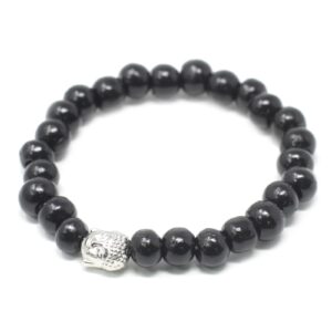 Pulsera elástica de cuentas de madera negra con una cabeza de Buda de tono plateado