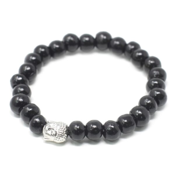 Pulsera elástica de cuentas de madera negra con una cabeza de Buda de tono plateado