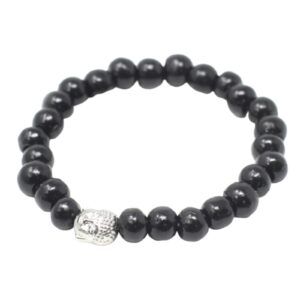 Pulsera elástica de cuentas de madera negra con una cabeza de Buda de tono plateado