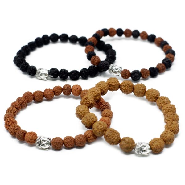 Cuatro pulseras de rudraksha con cabeza de Buda: negra, bicolor negra y marrón, marrón y tostada