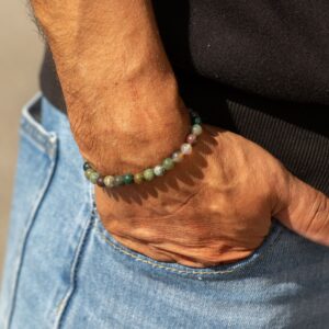 Pulsera elástica de cuentas de ágata musgo de 6 mm en verdes, grises y ocres