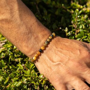 Pulsera elástica fina de cuentas de ojo de tigre de 6 mm en dorado, miel y gris azulado