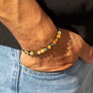 Pulsera elástica fina de cuentas de ojo de tigre de 6 mm en dorado, miel y gris azulado