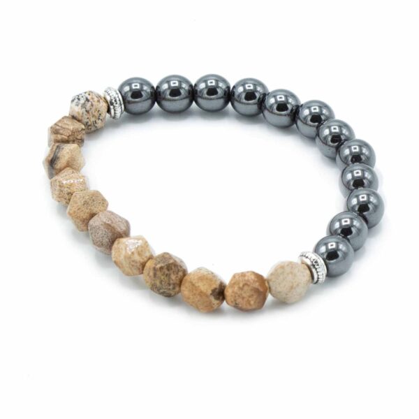 Pulsera de cuentas facetadas de jaspe paisaje beige y marrón y cuentas magnéticas grises con separadores plateados