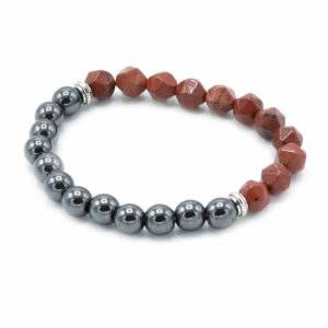 Pulsera de cuentas facetadas de jaspe rojo y cuentas magnéticas grises con separadores plateados