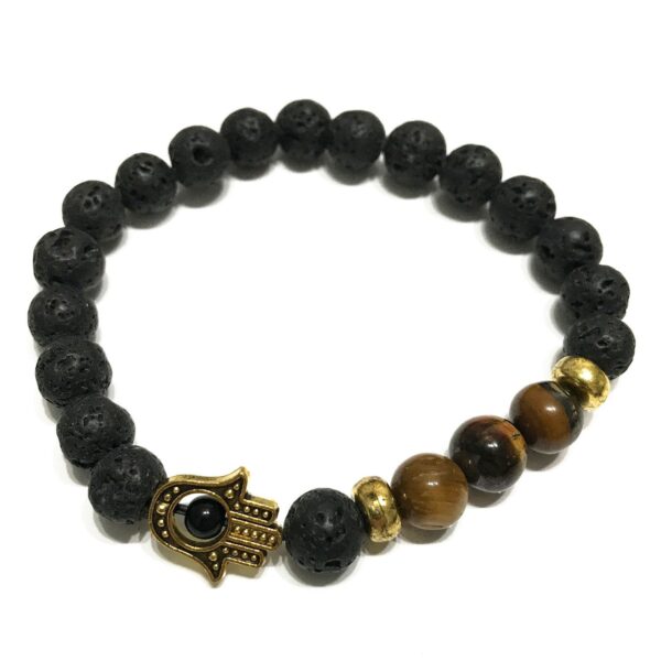 Pulsera elástica de lava negra con una mano de Fátima dorada y tres cuentas de ojo de tigre