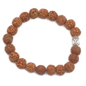 Pulsera de 20 cuentas de rudraksha marrón con una cabeza de Buda de tono plateado