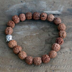 Pulsera de 20 cuentas de rudraksha marrón con una cabeza de Buda de tono plateado