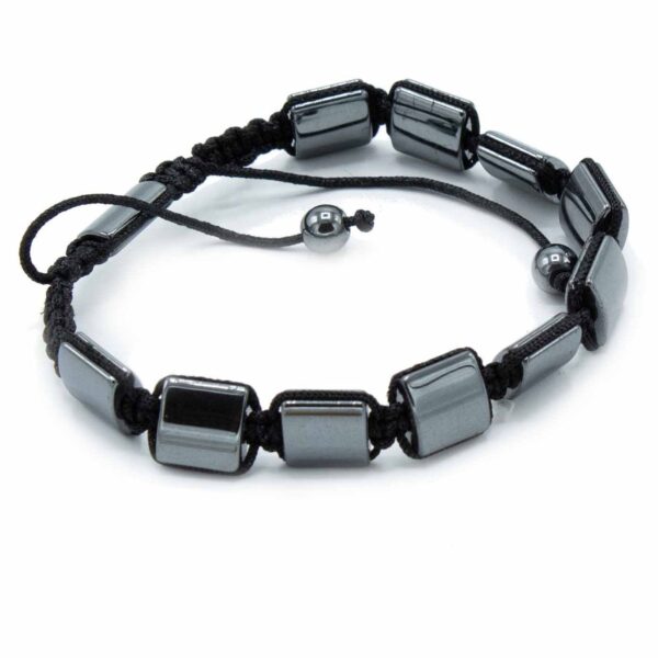 Pulsera shamballa de bloques rectangulares de hematita magnética gris y cordón negro