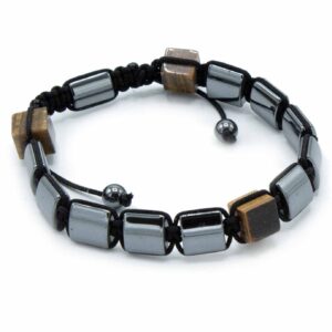 Pulsera shamballa de bloques de hematita magnética gris con tres cubos de ojo de tigre y cordón negro