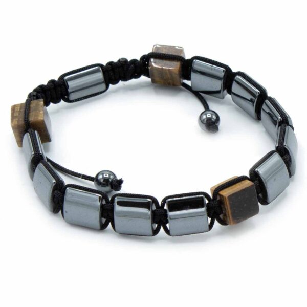Pulsera shamballa de bloques de hematita magnética gris con tres cubos de ojo de tigre y cordón negro