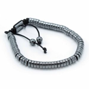 Pulsera shamballa de discos de hematita magnética gris metálico con nudo corredizo de cordón negro